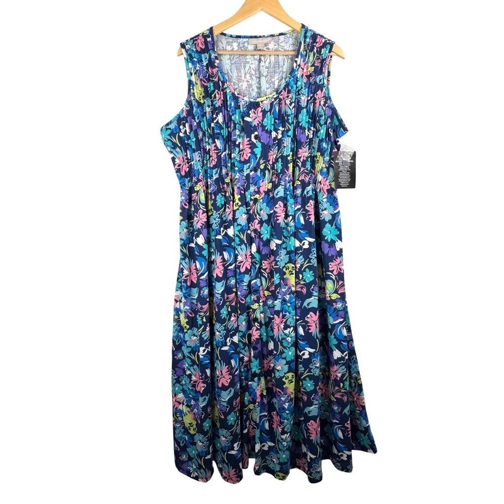 Women Within knit floral pleated maxi dress multi blue 90s sz L